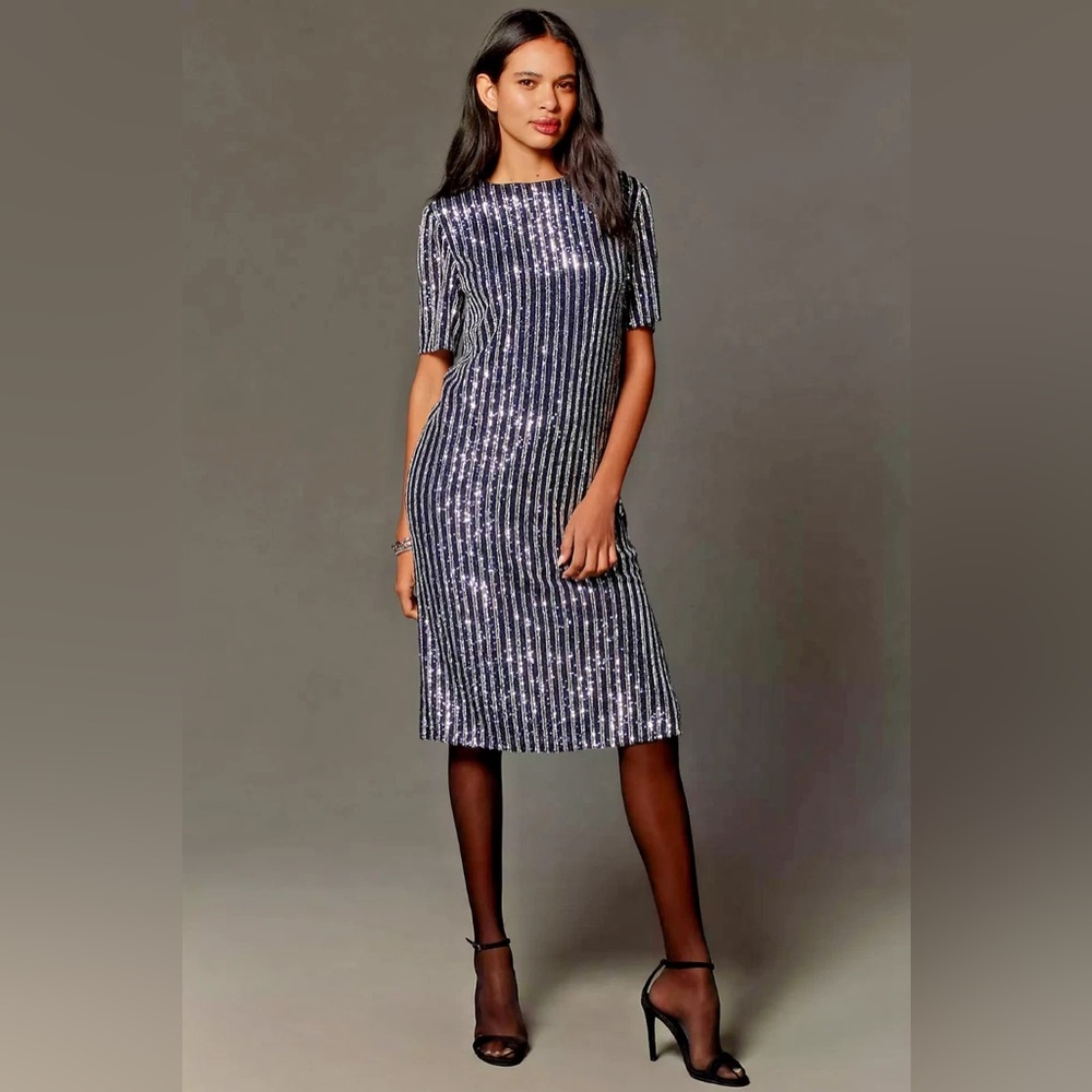 NWT Anthropologie Flat White Short-Sleeve Sequin Stripe Midi Dress Navy Silver S